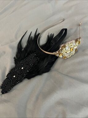 1920s inspired Headbands - Embellished Black Feather Headband & Gold Headband